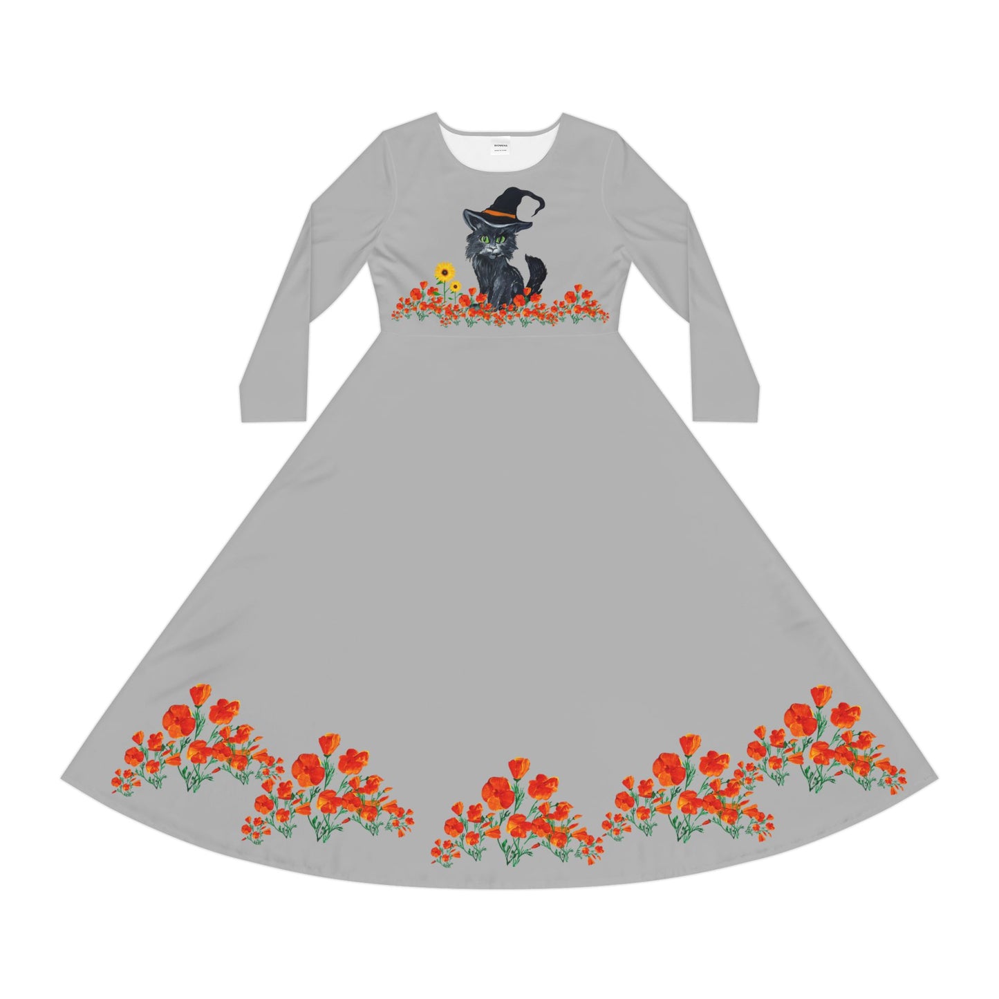 Women's Long Sleeve Witch Cat Dance Dress - Perfect for Halloween, Dance Events, Parties, Autumn Celebrations, Botanical Prints