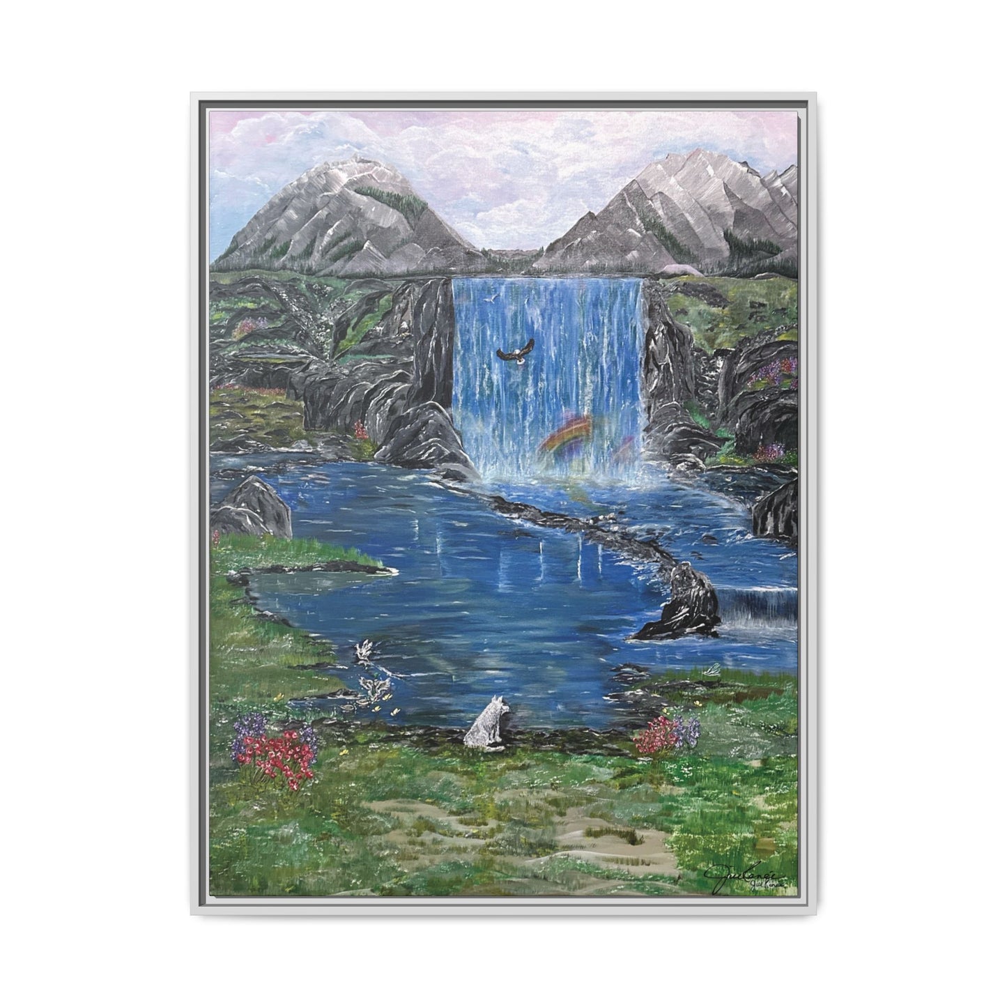 Spirit Under a Pink Sky Wolf Landscape Canvas, Framed Wall Art | Mountain Waterfall