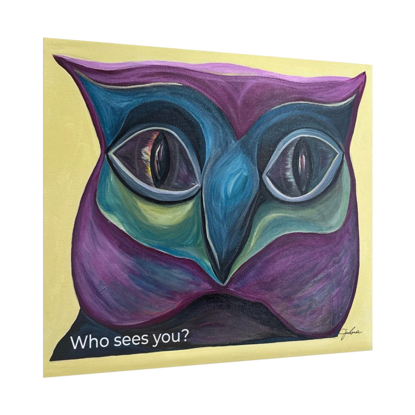 Who Sees You? Owl Face Rolled Poster | Surreal Colorful Catlike Owl Art Print
