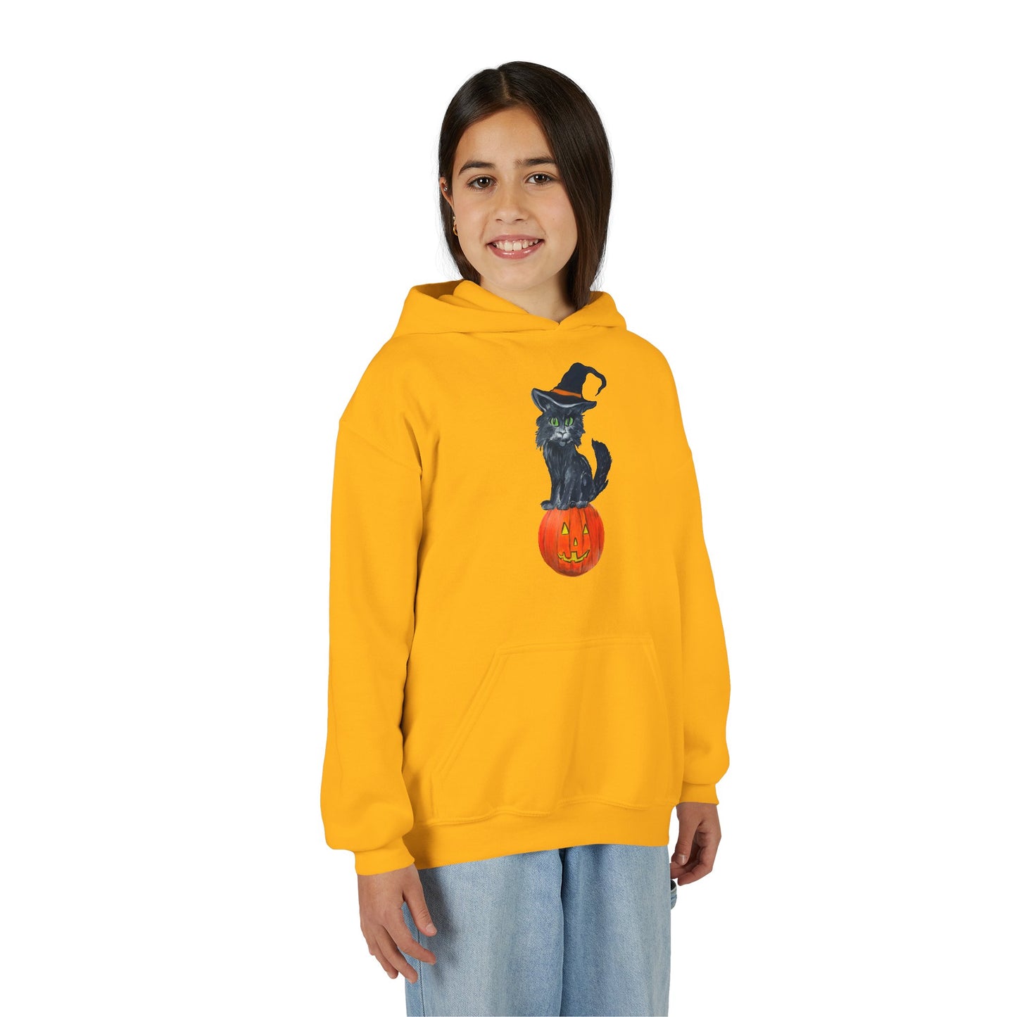 Black Cat Witch on Pumpkin Youth Hoodie | Halloween Kids Sweatshirt