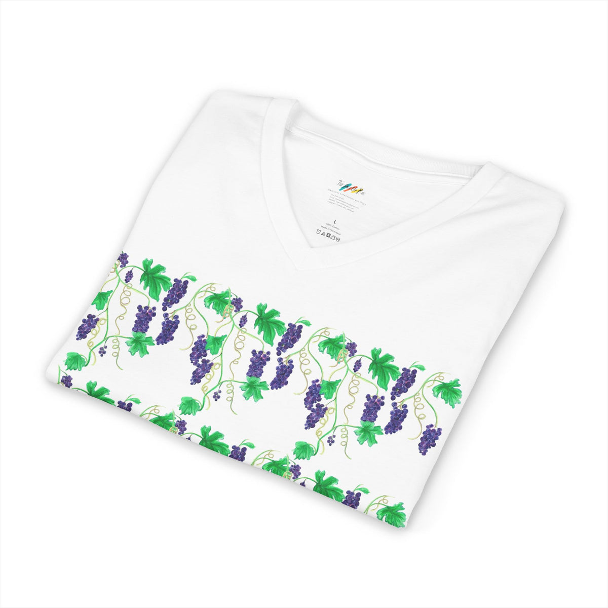 Grape Vine Pattern Tee | Purple Grapes Green Leaves V-Neck Shirt
