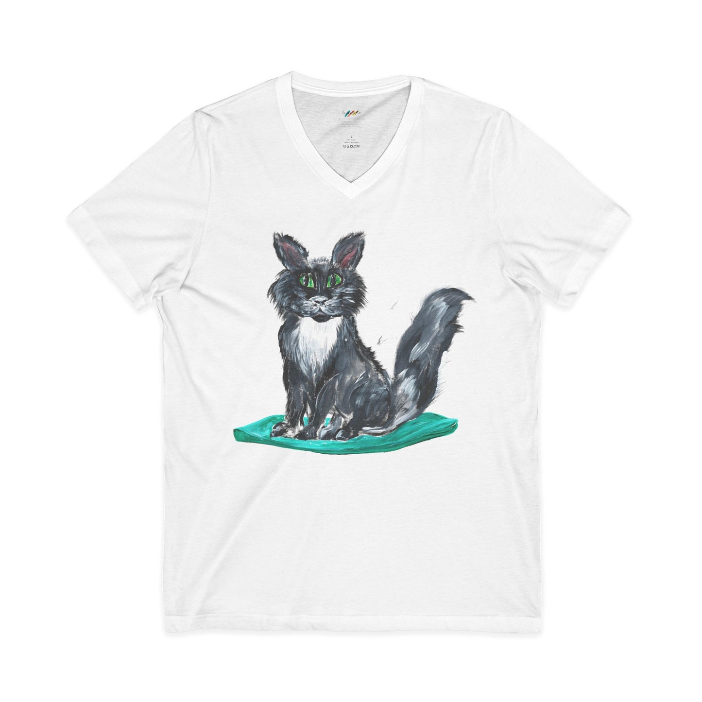 Black and White Kitten Cat Illustration Tee | Hand painted Cat on Green Pillow V-Neck
