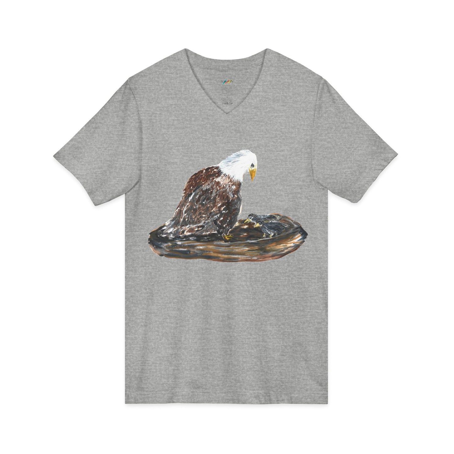 Bald Eagle on Nest with Eaglets V-Neck Tee | Wildlife Bird Illustration
