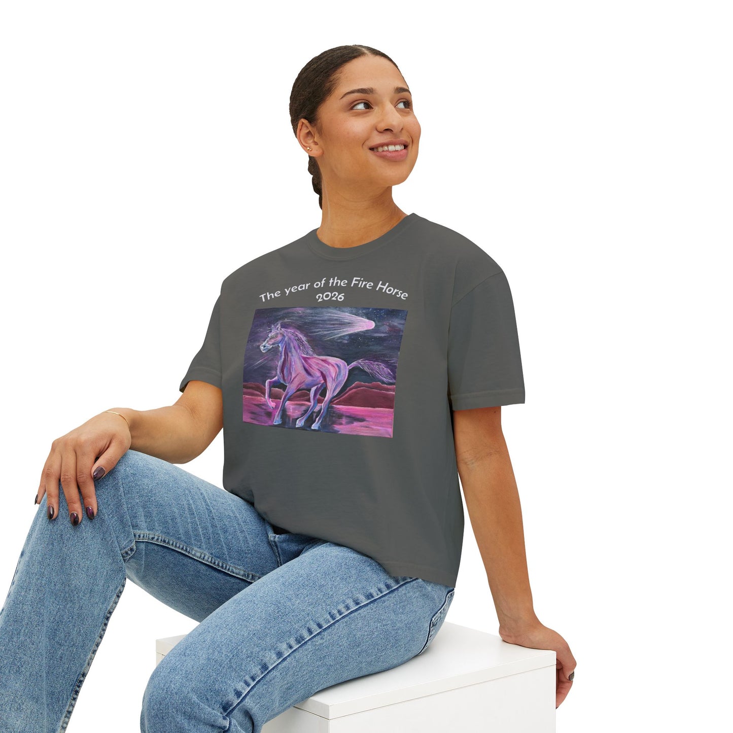 Year of the Fire Horse 2026 Women's Boxy Tee | Cosmic Colorful Fire Horse Design