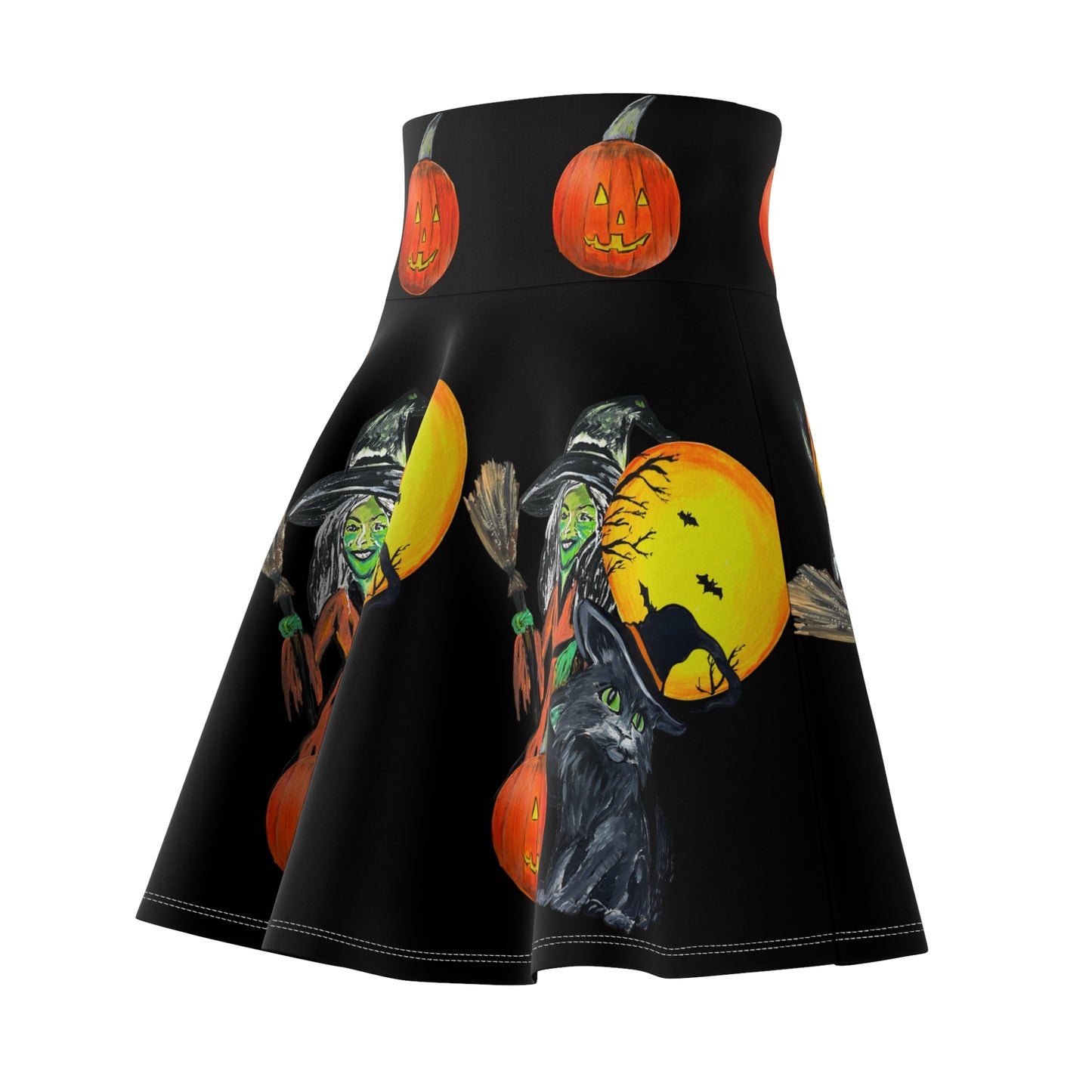 Halloween Witch and Black Cat Skater Skirt | Pumpkin Moon Print