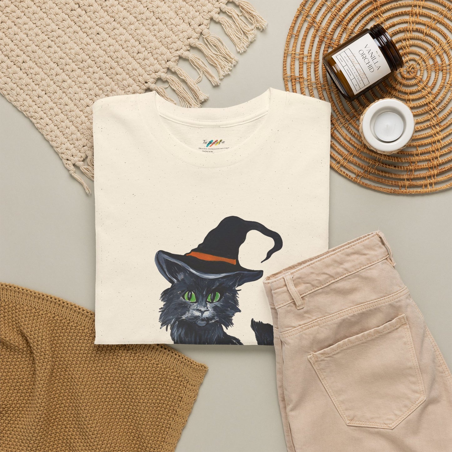 Black Cat in Witch Hat T-Shirt | Halloween Kitty Illustration