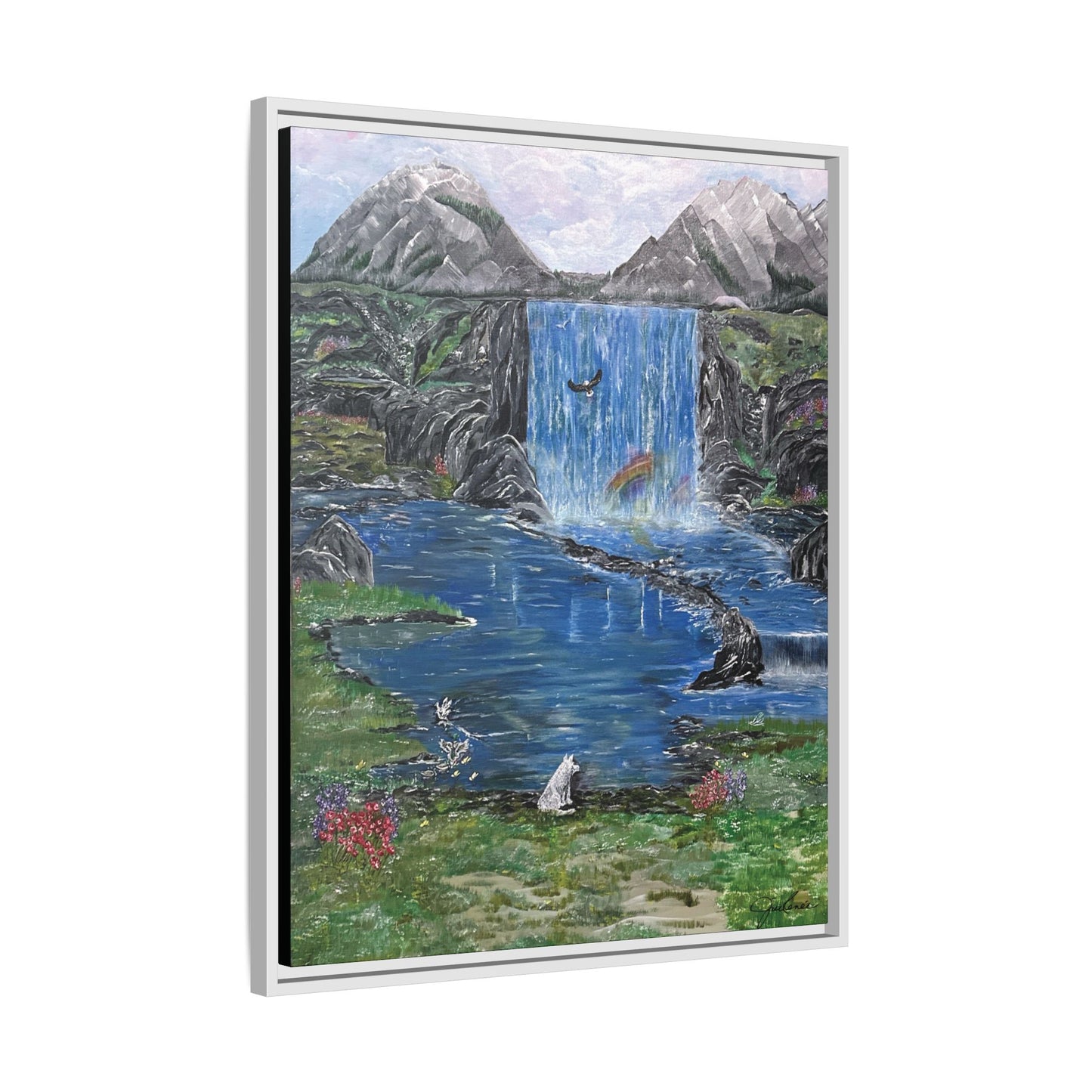 Spirit Under a Pink Sky Wolf Landscape Canvas, Framed Wall Art | Mountain Waterfall