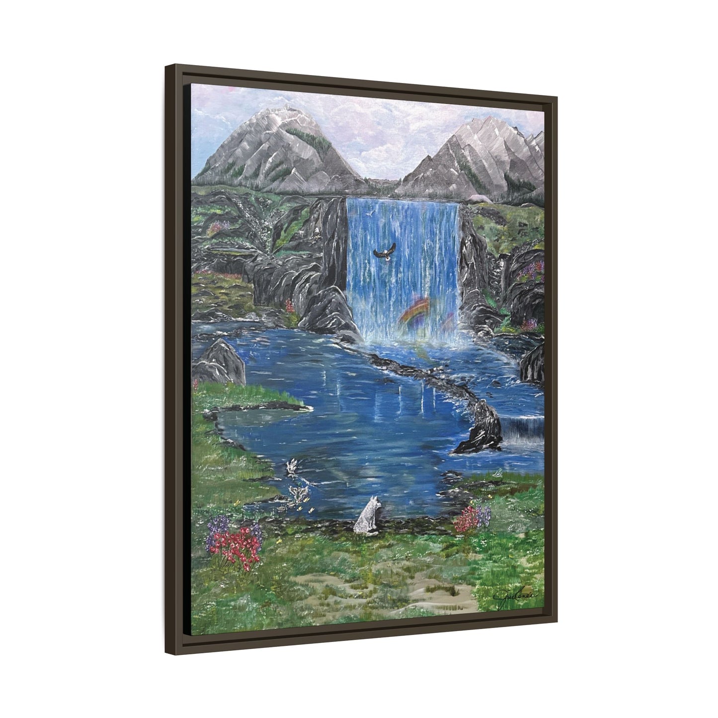 Spirit Under a Pink Sky Wolf Landscape Canvas, Framed Wall Art | Mountain Waterfall