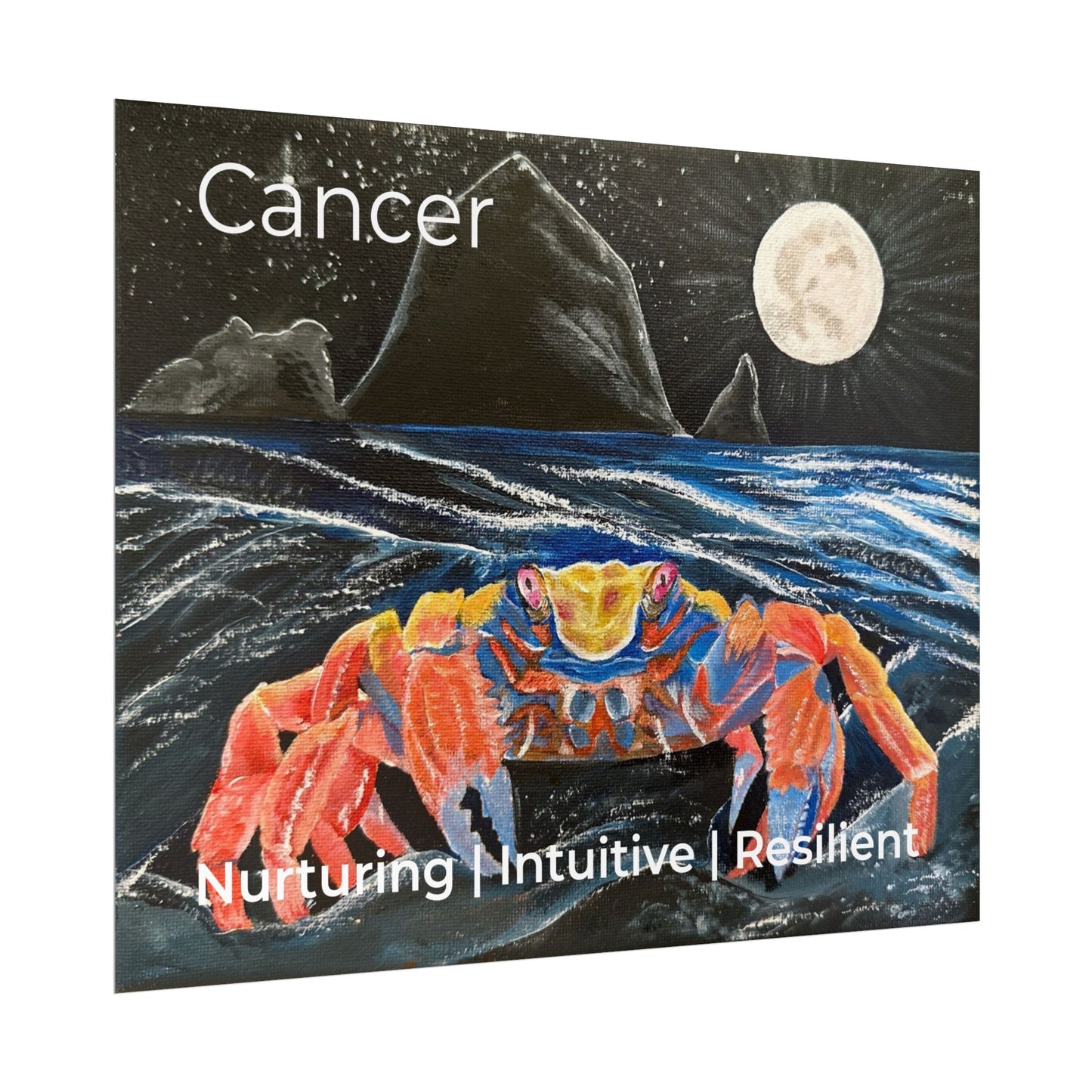 Colorful Moonlit Zodiac Cancer Sign Rolled Poster | Coastal Art, Night Ocean Wall Print