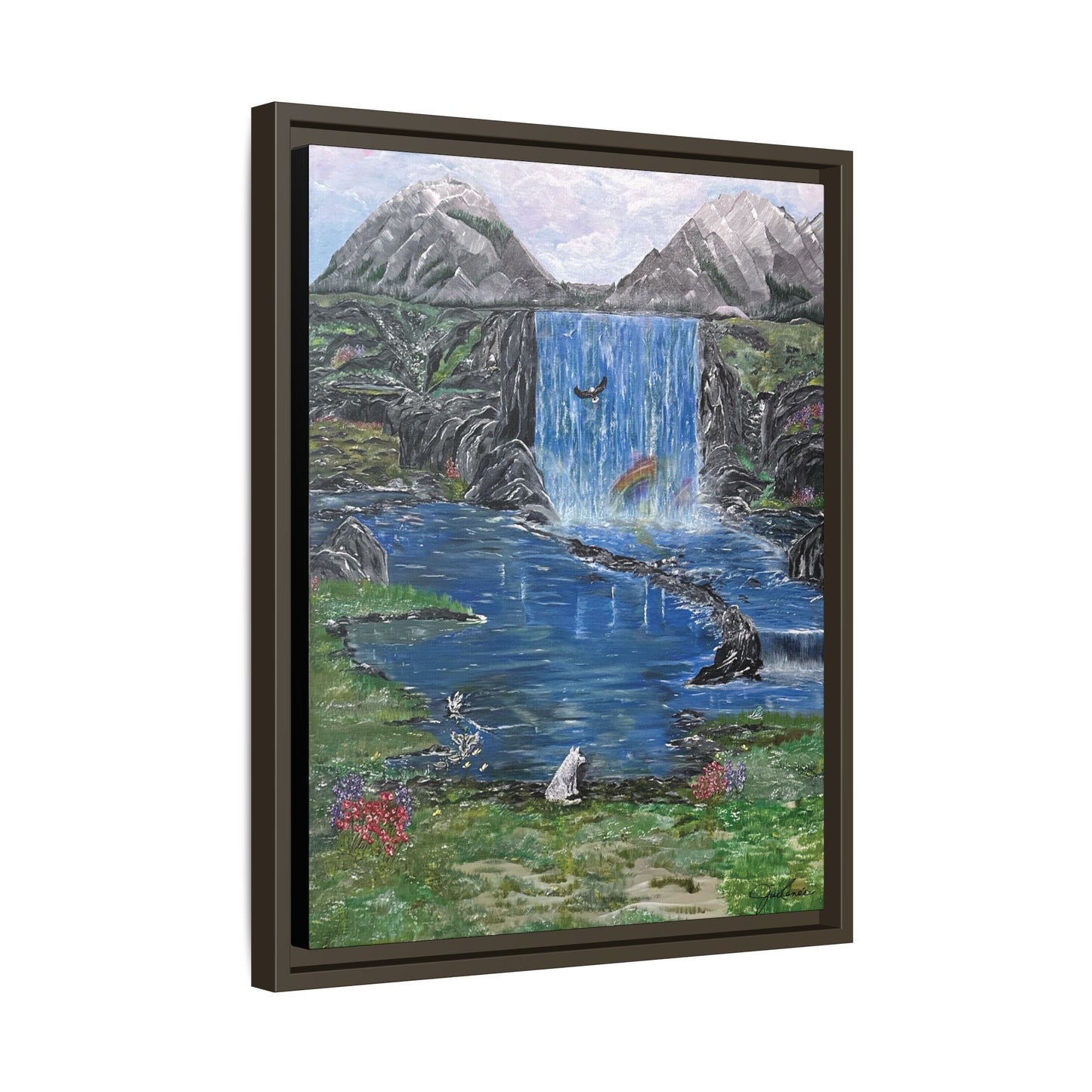 Spirit Under a Pink Sky Wolf Landscape Canvas, Framed Wall Art | Mountain Waterfall