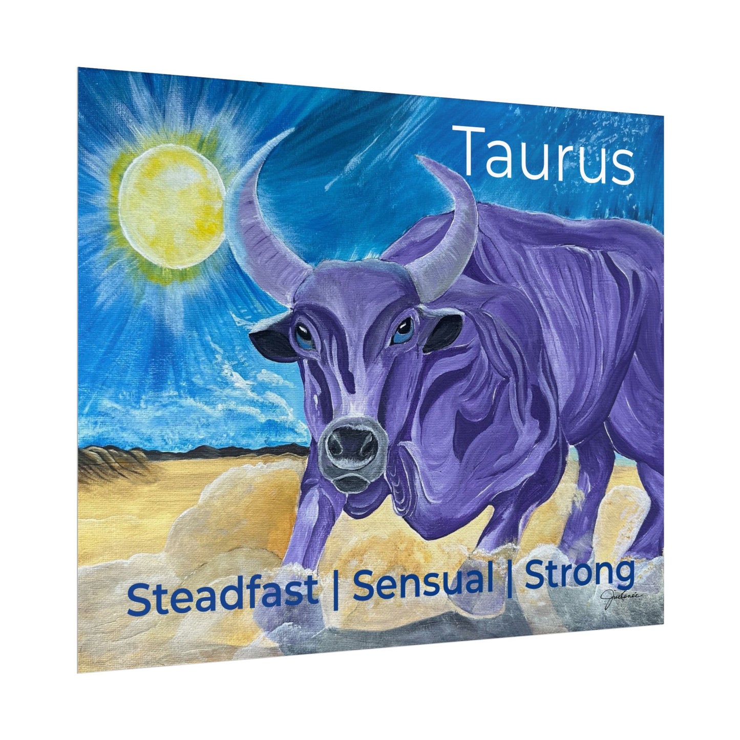 Taurus Purple Bull Artwork Poster | Surreal Zodiac Illustration, Sunlit Landscape