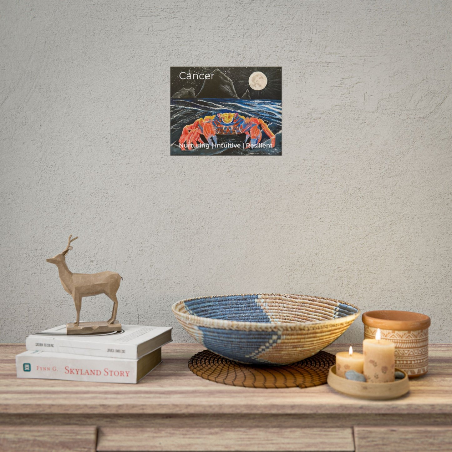 Colorful Moonlit Zodiac Cancer Sign Rolled Poster | Coastal Art, Night Ocean Wall Print