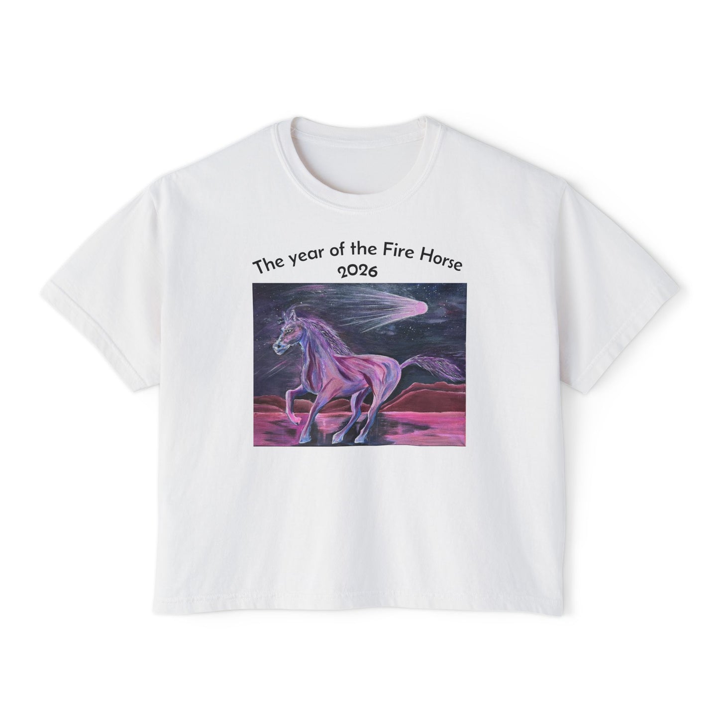 Year of the Fire Horse 2026 Women's Boxy Tee | Cosmic Colorful Fire Horse Design