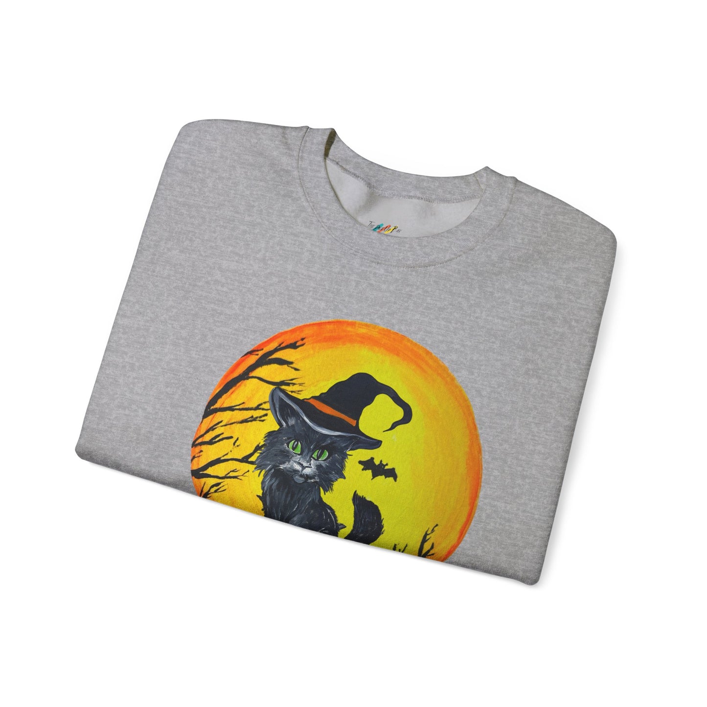 Whimsical Witchy Halloween Kitten Crewneck Sweatshirt, Cute Autumn Moon, Spooky Cat on Jack-O'Lantern, Fall Season Pullover,