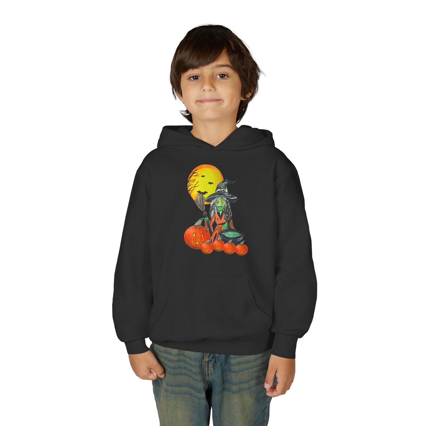 Spooky Pumpkin Witch Youth Hoodie | Halloween Sweatshirt, Fall Fashion, Cozy Outfit, Gift for Kids, Witch Costume