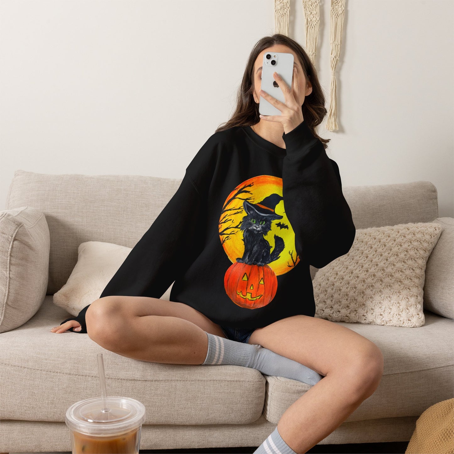 Witch Cat on Pumpkin Crewneck Sweatshirt | Halloween Black Cat Moon