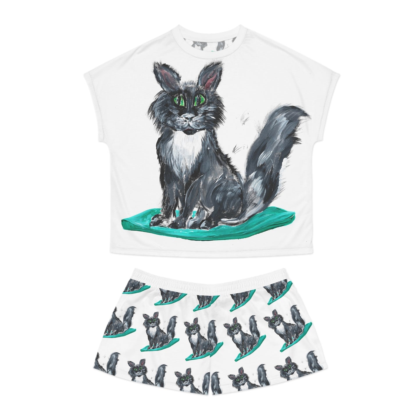 Green-Eyed Black Cat Pajama Set | Short Sleepwear