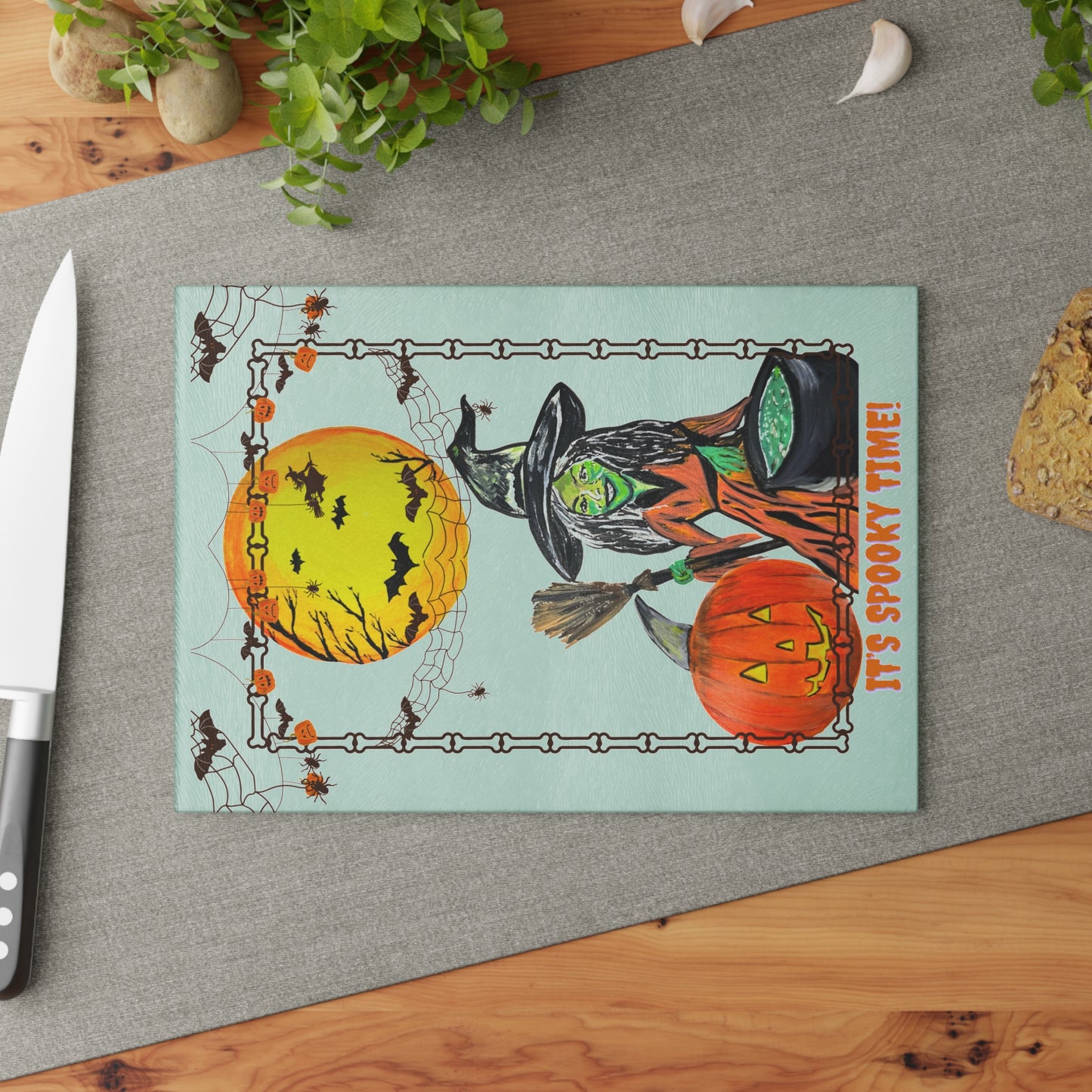 Halloween Glass Cutting Board, Spooky Kitchen Decor, Witch & Pumpkin Design, Holiday Gift, Halloween Party Essentials