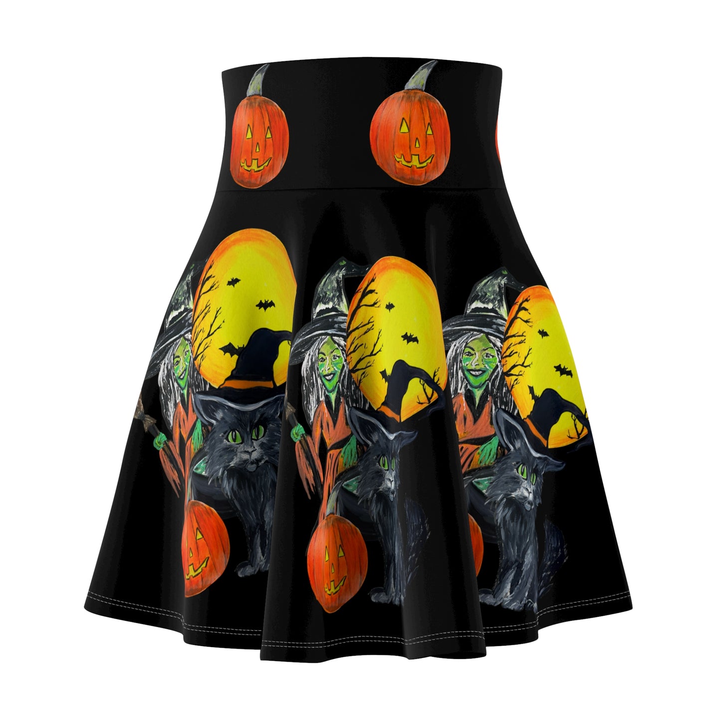 Witchy Jack-o'lantern, kitten Skater Skirt, Cute Trendy Casual Women's Skirt, Halloween Costume, Halloween Pattern Women's Fall Fashion