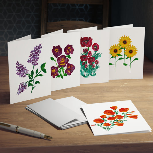 Greeting Card Set - Floral Designs with California Poppies, Pansies, Poppies, Lilacs, and Sunflowers (5-Pack)