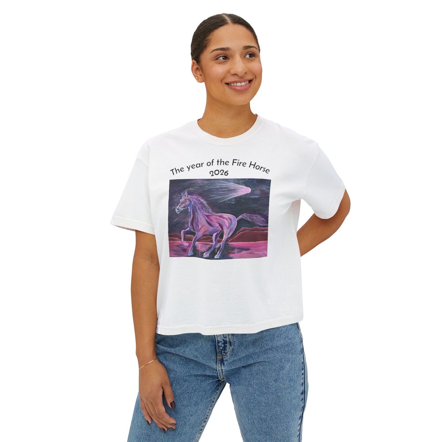 Year of the Fire Horse 2026 Women's Boxy Tee | Cosmic Colorful Fire Horse Design