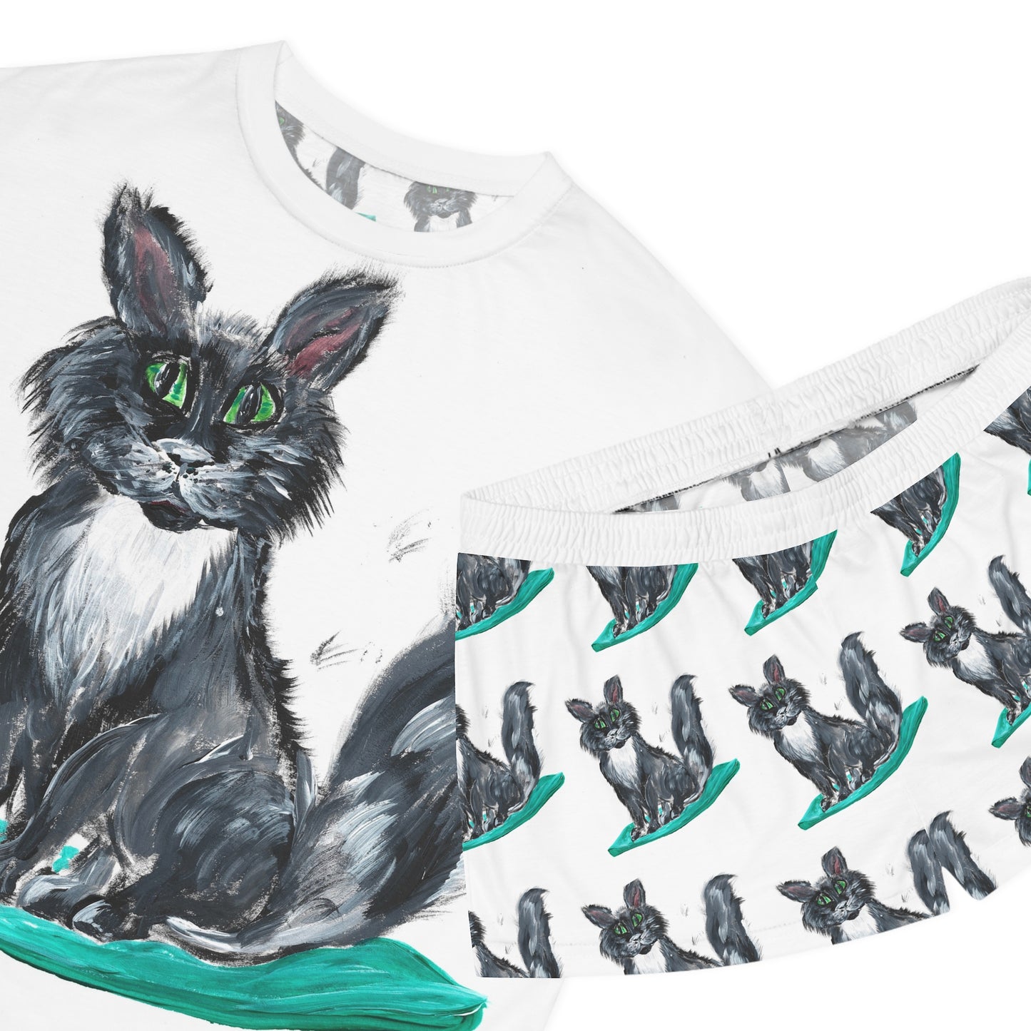 Green-Eyed Black Cat Pajama Set | Short Sleepwear