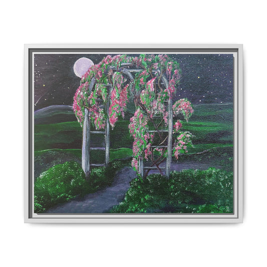 Framed Matte Canvas - Moonlit Garden Arbor Painting titled "Path to Peace"