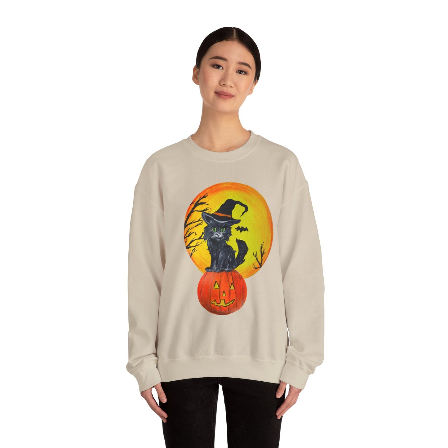 Whimsical Witchy Halloween Kitten Crewneck Sweatshirt, Cute Autumn Moon, Spooky Cat on Jack-O'Lantern, Fall Season Pullover,