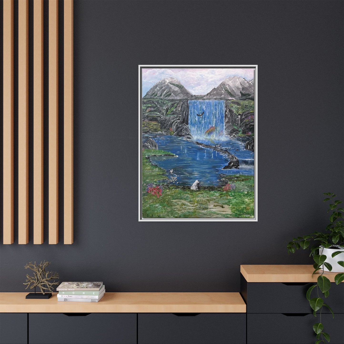 Spirit Under a Pink Sky Wolf Landscape Canvas, Framed Wall Art | Mountain Waterfall