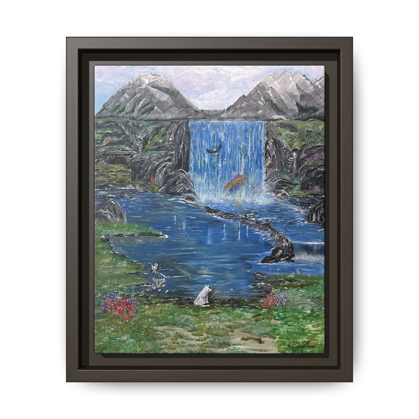 Spirit Under a Pink Sky Wolf Landscape Canvas, Framed Wall Art | Mountain Waterfall