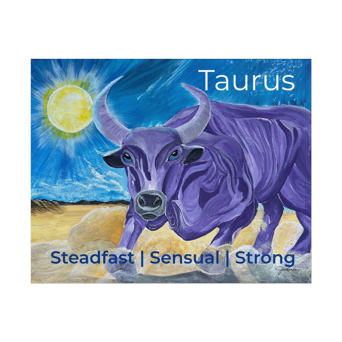 Taurus Purple Bull Artwork Poster | Surreal Zodiac Illustration, Sunlit Landscape