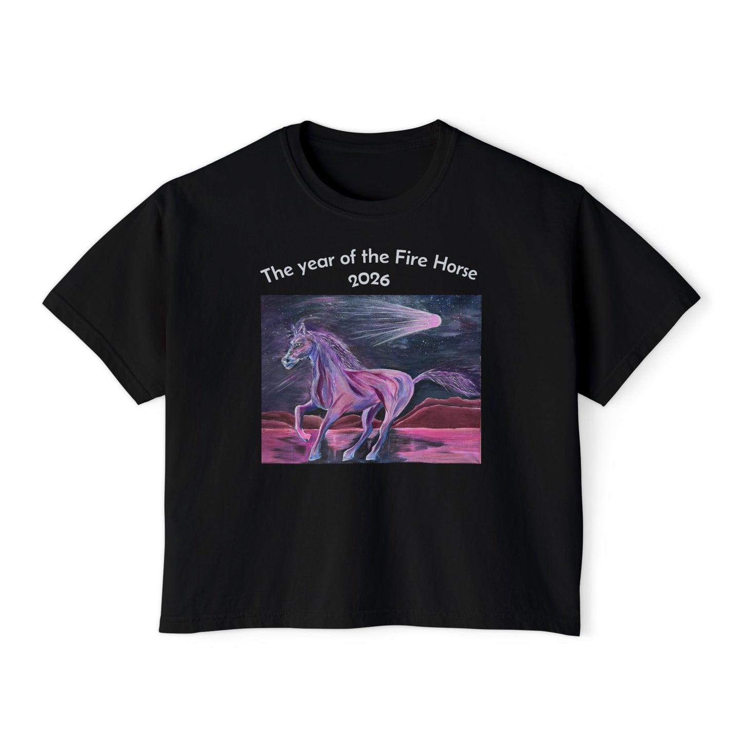 Year of the Fire Horse 2026 Women's Boxy Tee | Cosmic Colorful Fire Horse Design