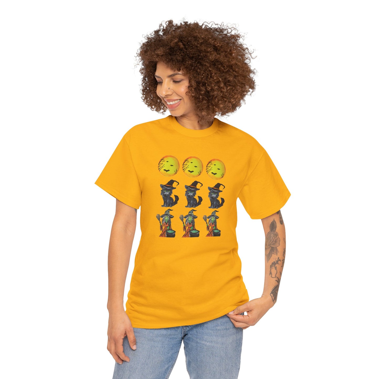 Halloween Moon Witch Kitten Tee, Cute Halloween Apparel, Unisex Shirt, Spooky Shirt, Halloween Graphic Tee, Halloween Gift