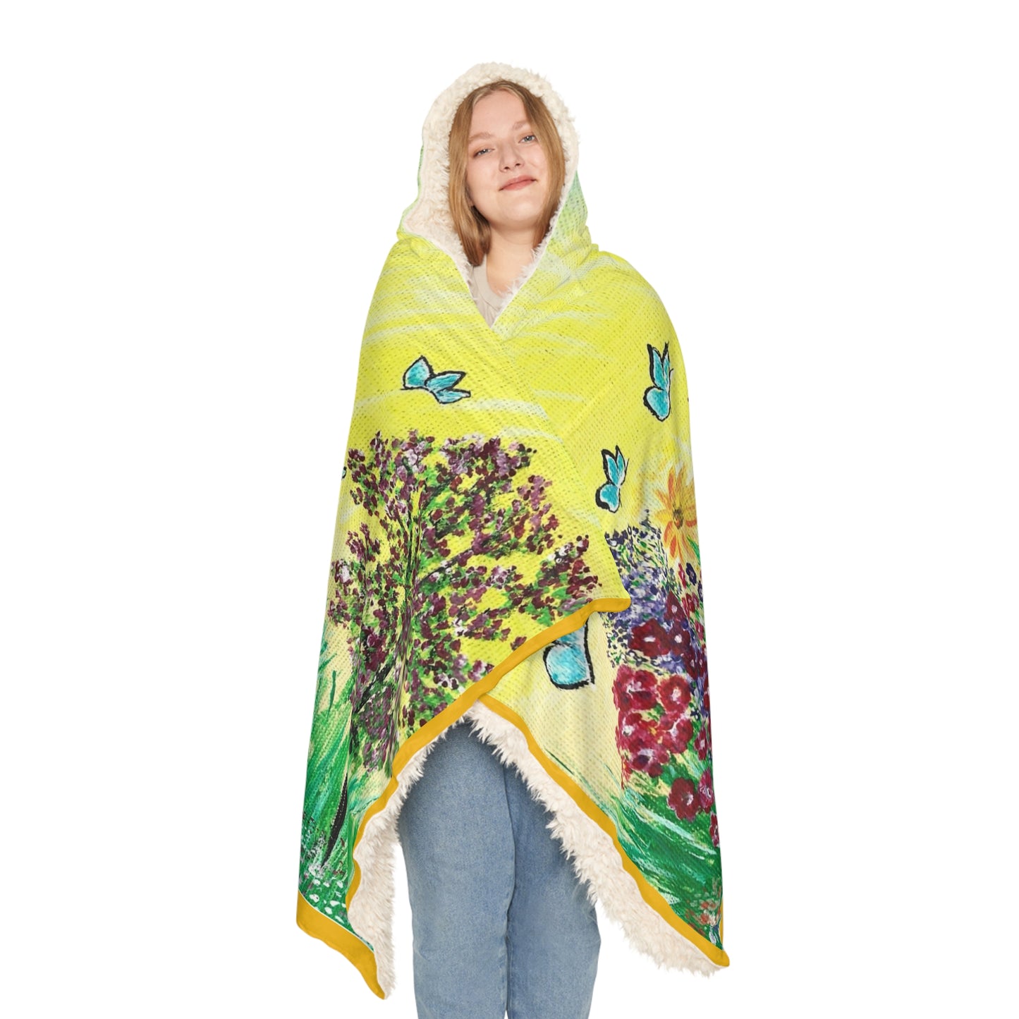Butterfly Garden Snuggle Blanket | Floral Hooded Throw, Bright Yellow Meadow
