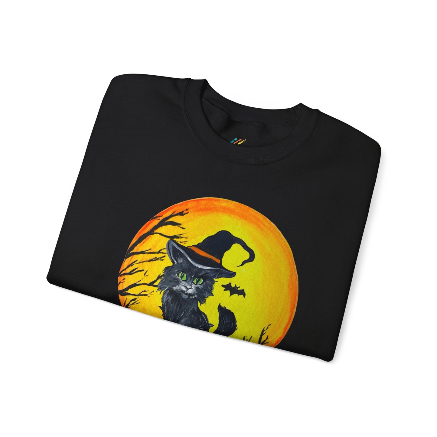 Whimsical Witchy Halloween Kitten Crewneck Sweatshirt, Cute Autumn Moon, Spooky Cat on Jack-O'Lantern, Fall Season Pullover,