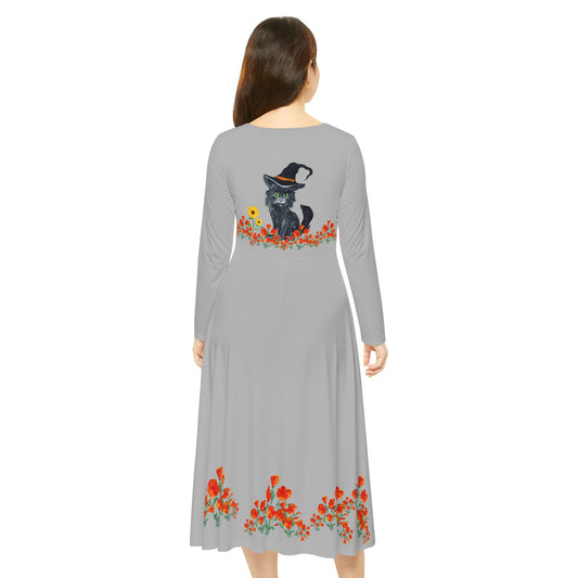 Women's Long Sleeve Witch Cat Dance Dress - Perfect for Halloween, Dance Events, Parties, Autumn Celebrations, Botanical Prints