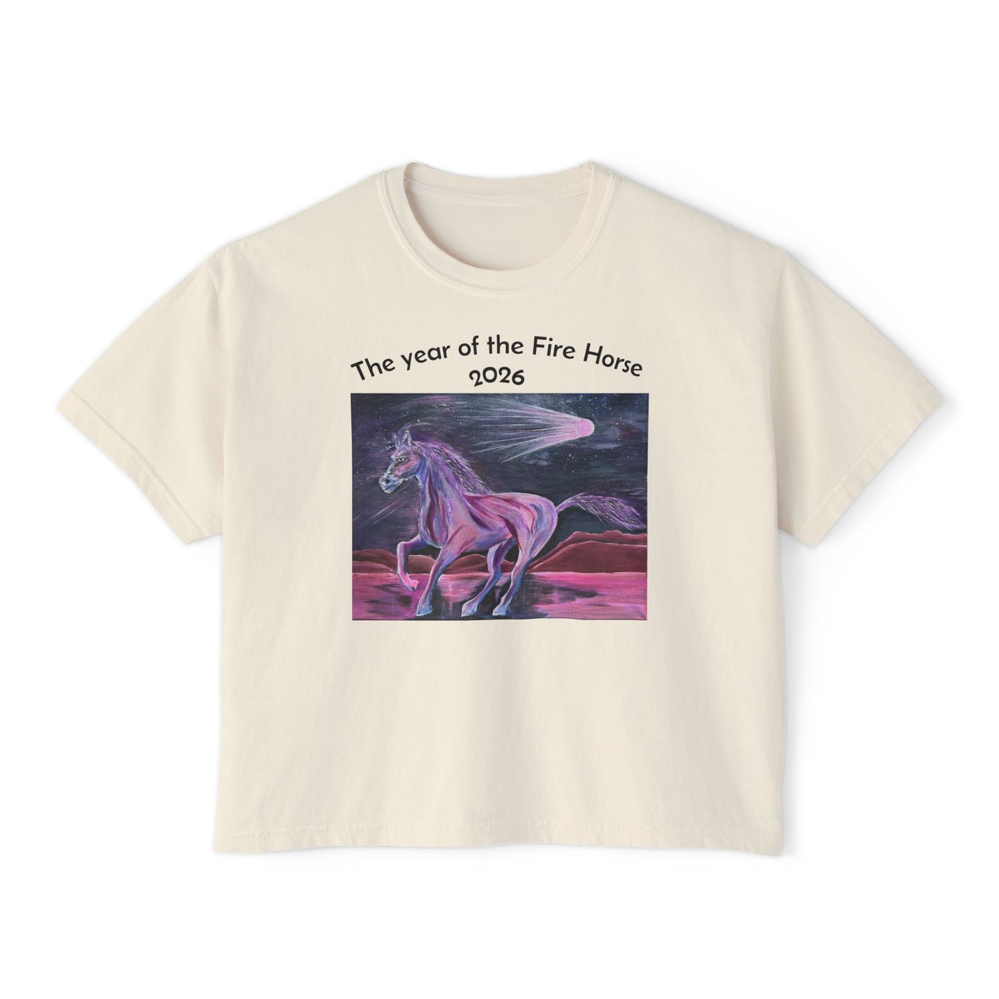 Year of the Fire Horse 2026 Women's Boxy Tee | Cosmic Colorful Fire Horse Design