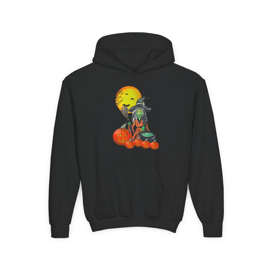 Spooky Pumpkin Witch Youth Hoodie | Halloween Sweatshirt, Fall Fashion, Cozy Outfit, Gift for Kids, Witch Costume