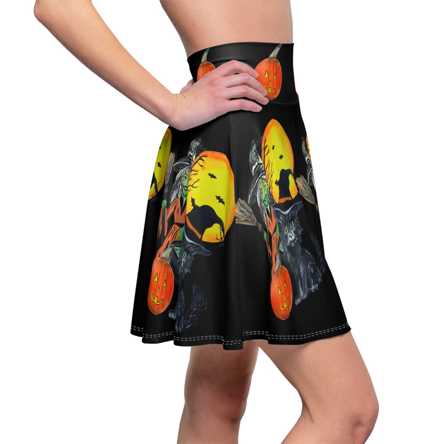 Witchy Jack-o'lantern, kitten Skater Skirt, Cute Trendy Casual Women's Skirt, Halloween Costume, Halloween Pattern Women's Fall Fashion
