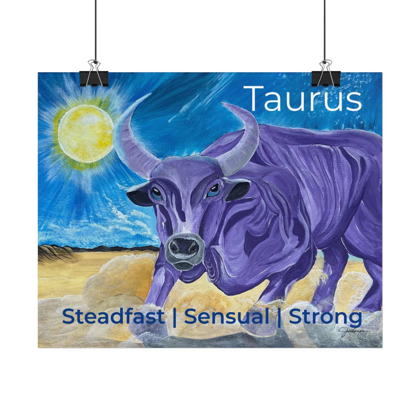 Taurus Purple Bull Artwork Poster | Surreal Zodiac Illustration, Sunlit Landscape
