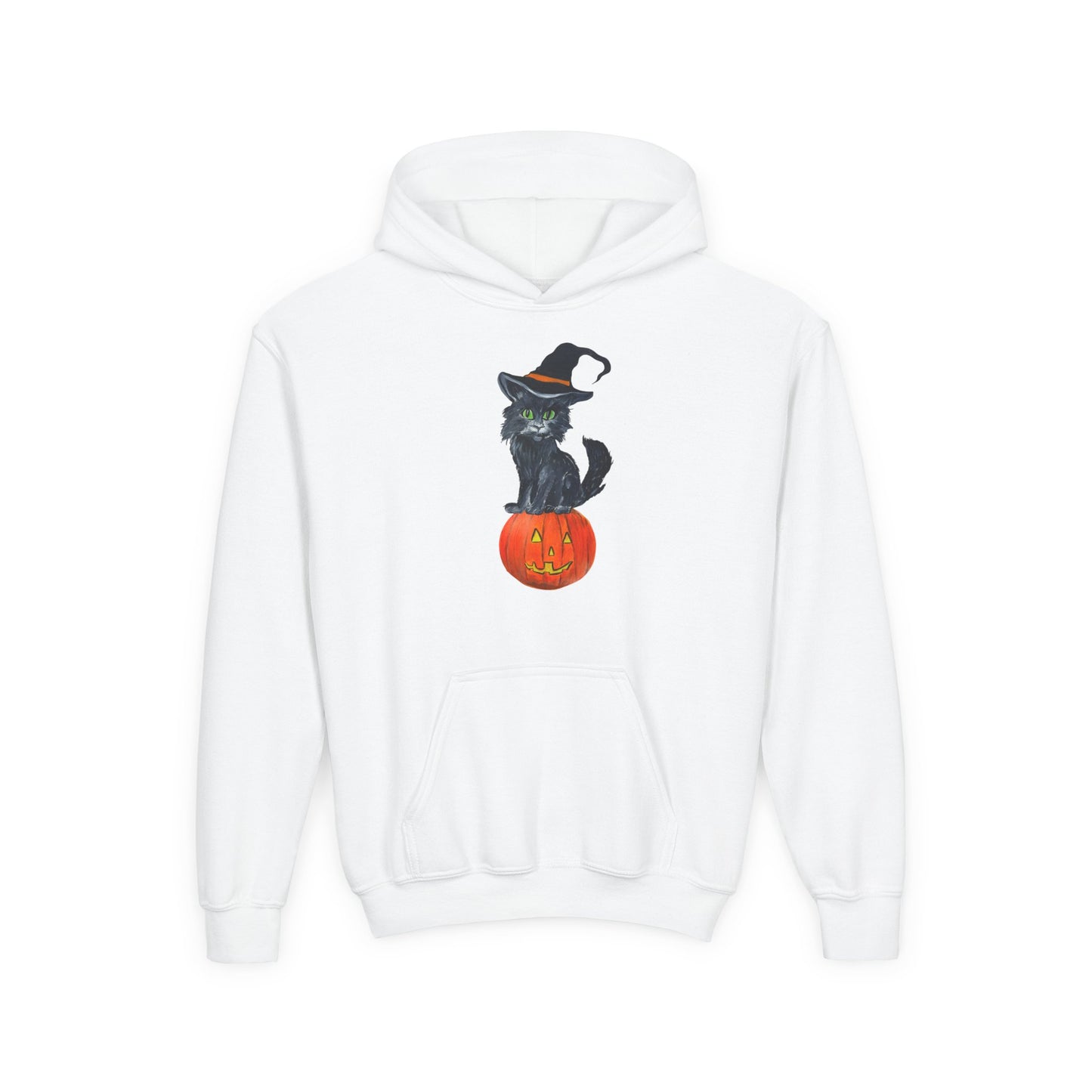 Black Cat Witch on Pumpkin Youth Hoodie | Halloween Kids Sweatshirt
