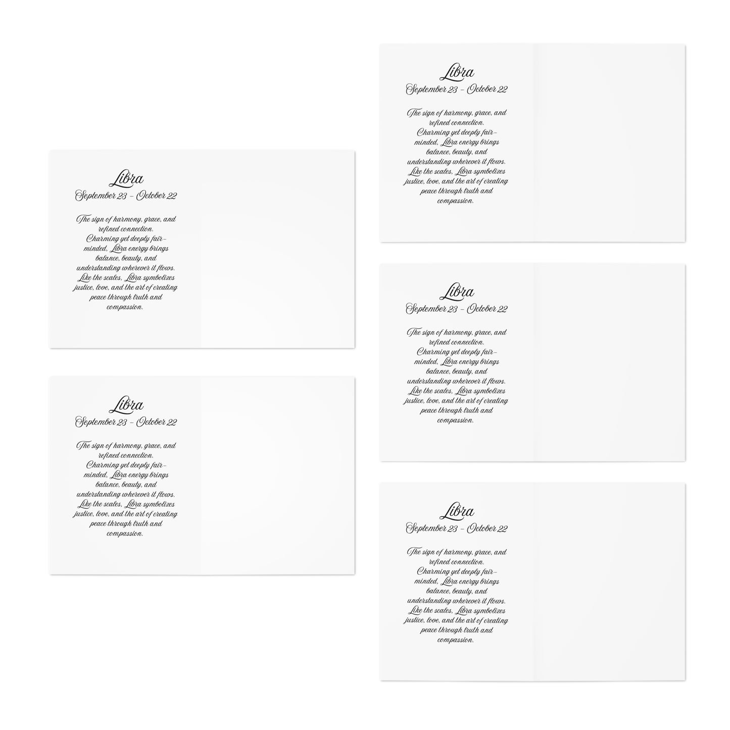 Zodiac Collection Greeting Cards, Libra Cards - 5 Pack, original-Design Note Cards, Astrology Stationery Set, Birthday Cards Pack