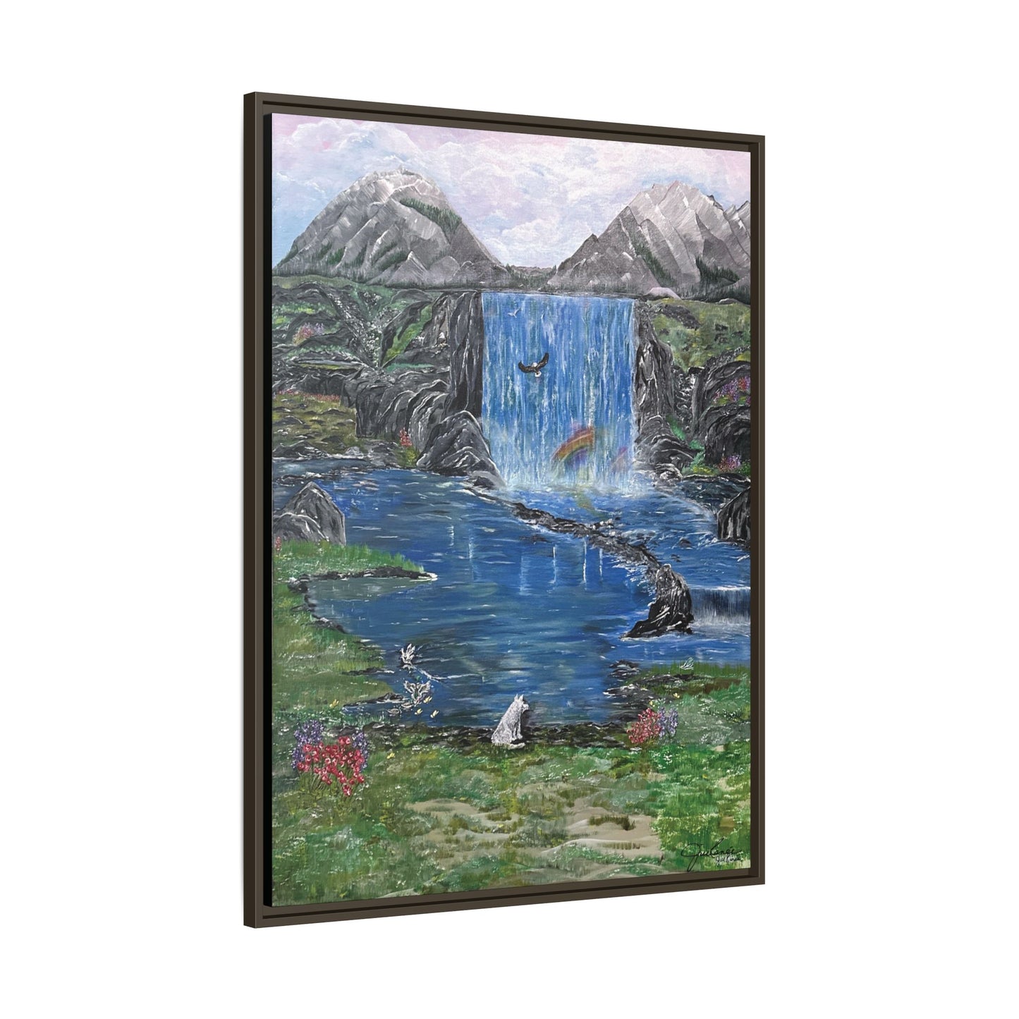Spirit Under a Pink Sky Wolf Landscape Canvas, Framed Wall Art | Mountain Waterfall