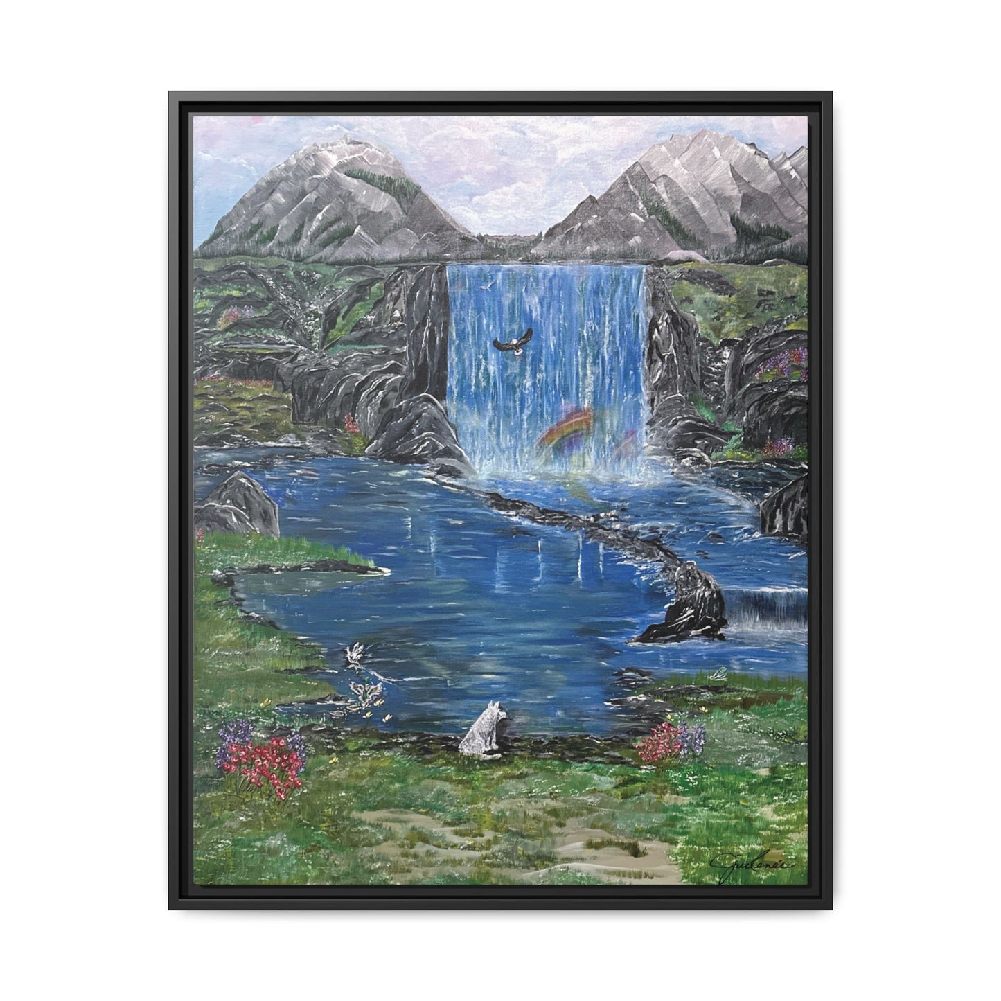 Spirit Under a Pink Sky Wolf Landscape Canvas, Framed Wall Art | Mountain Waterfall
