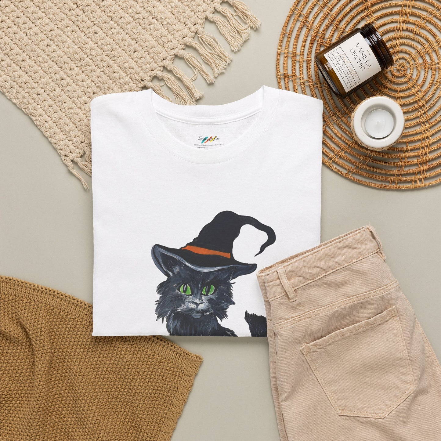 Black Cat in Witch Hat T-Shirt | Halloween Kitty Illustration