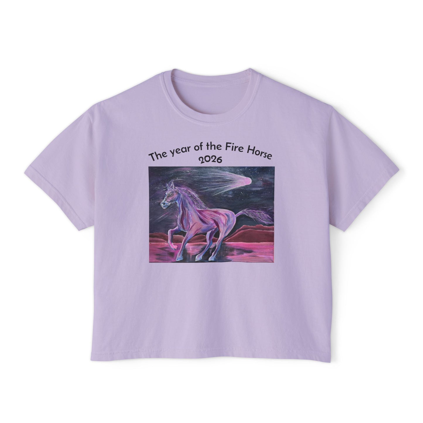 Year of the Fire Horse 2026 Women's Boxy Tee | Cosmic Colorful Fire Horse Design