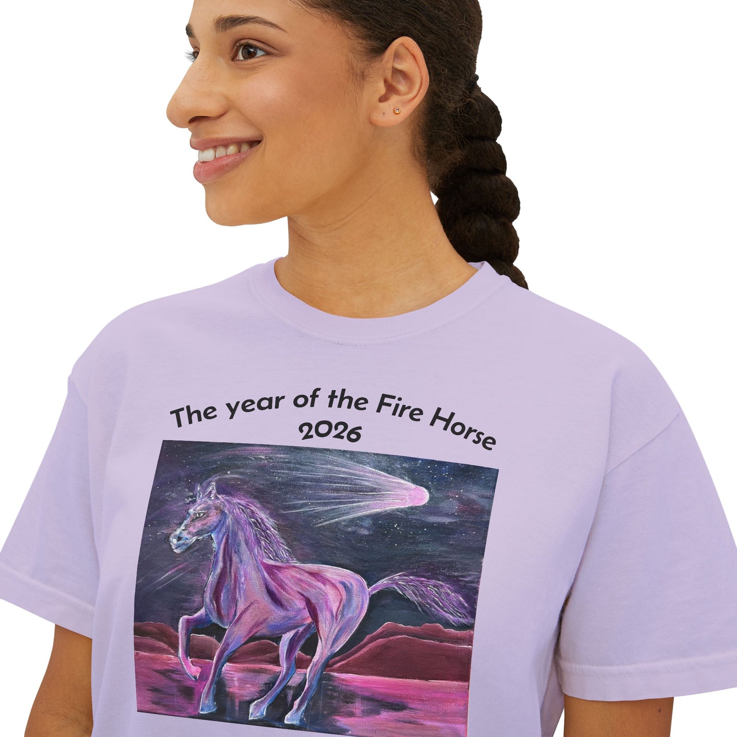 Year of the Fire Horse 2026 Women's Boxy Tee | Cosmic Colorful Fire Horse Design